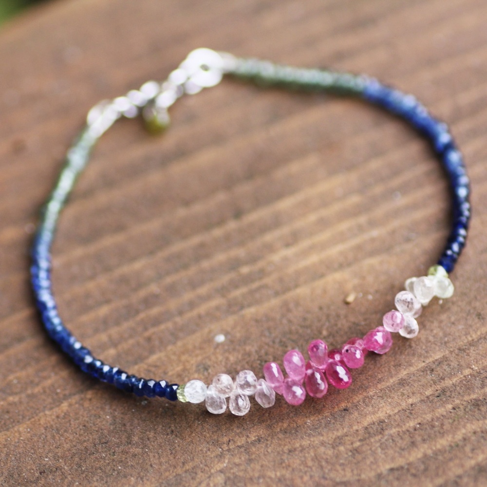 Pink, Green, and Blue Sapphire Bracelet in Solid 14K White Gold